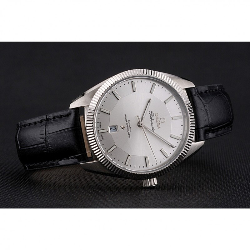 Cheap Omega Globemaster Silver Dial Stainless Steel Case Black Leather Strap-3