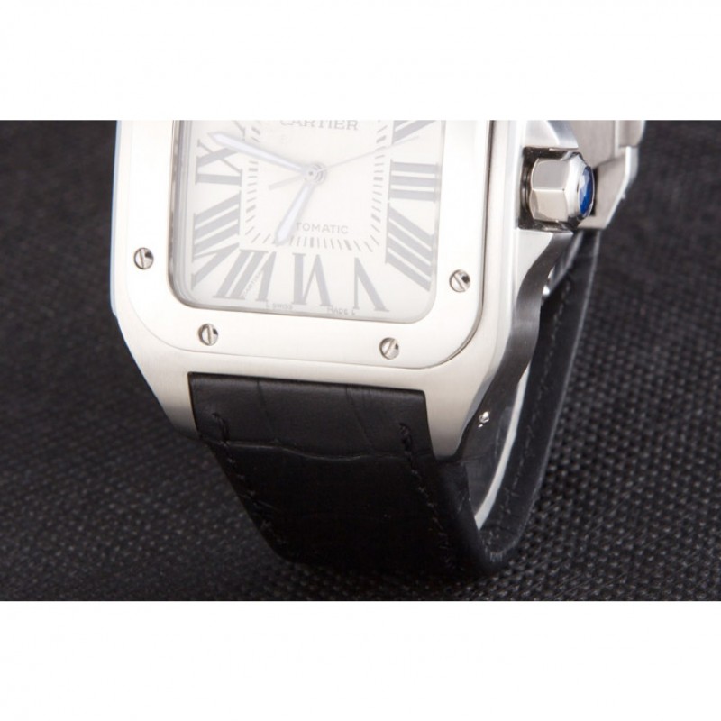 Swiss Cartier Santos Stainless Steel Bezel with Black Leather Strap 621524-6