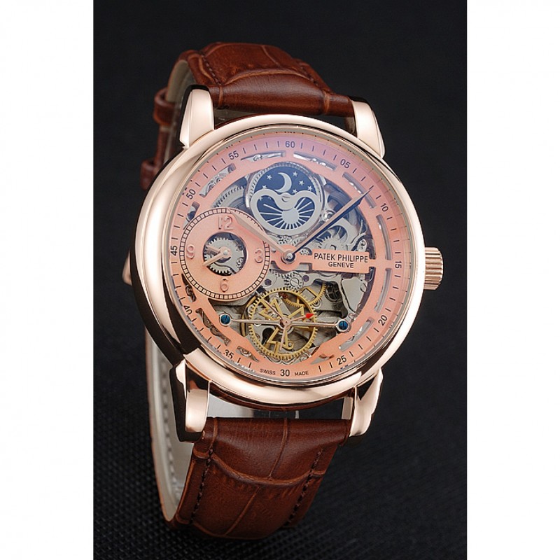 High Quality Patek Philippe Dual Time Moonphase Tourbillon Gold Skeletonised Dial Rose Gold Case Brown Leather Strap-2