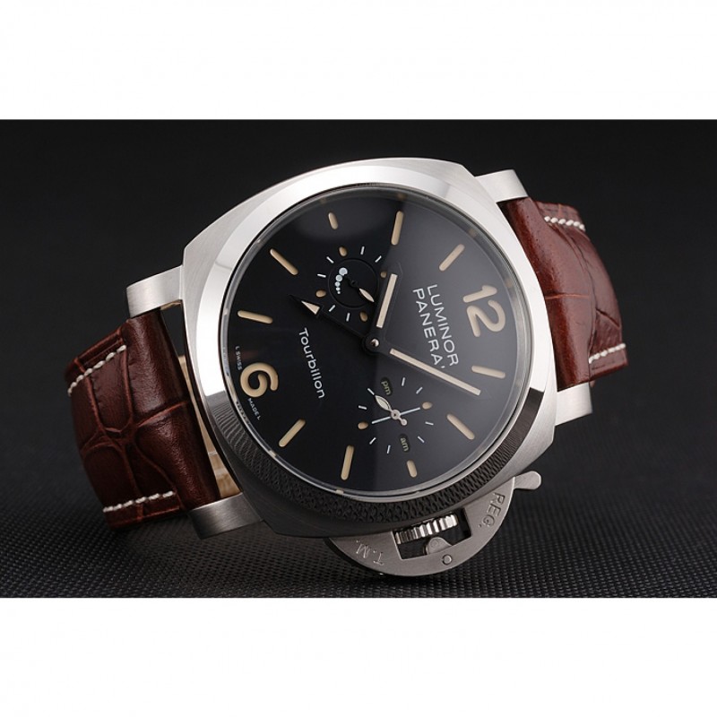 SS Replica Watches Panerai Luminor 1950 Tourbillon GMT Black Dial Stainless Steel Case Brown Leather Strap-4
