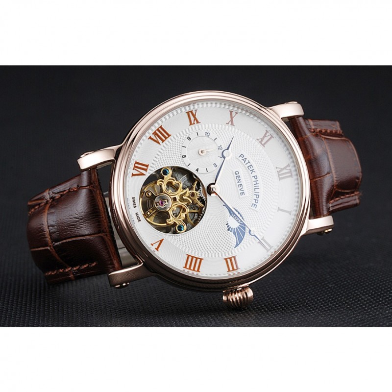 Patek Philippe Complications Moonphase Tourbillon White Dial Rose Gold Case Brown Leather Strap-3