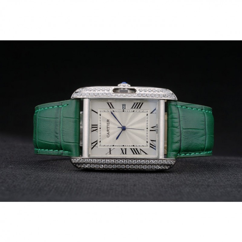 Cartier Tank Anglaise 36mm White Dial Diamonds Steel Case Green Leather Bracelet-4