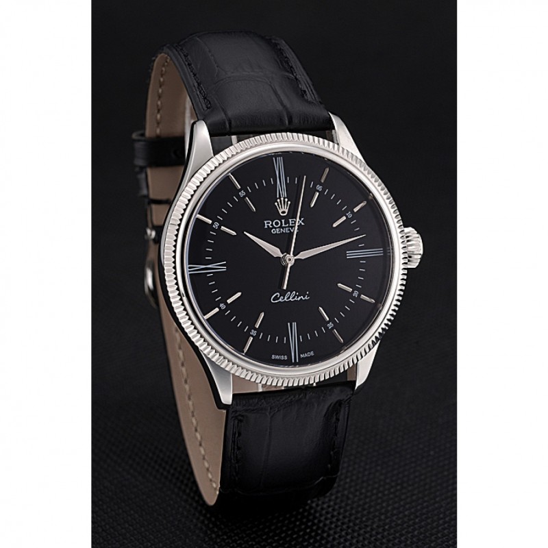 Swiss Rolex Cellini Time Silver Case Black Dial Black Leather Bracelet 622654-2