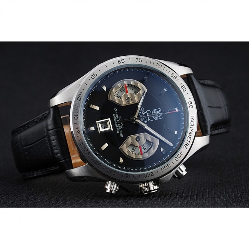 SS Tag Heuer Carrera Tachymeter Bezel Black Dial Black Leather Strap-3