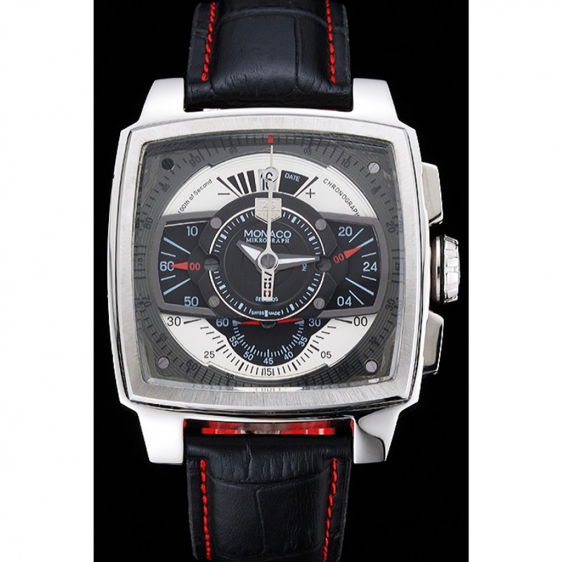 Luxury Replica Watches Tag Heuer Monaco Black-Green Perforated Leather Strap Black Dial 80308-1
