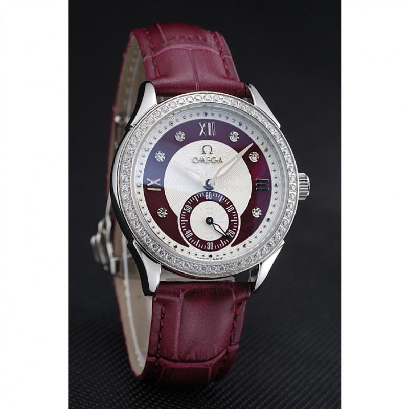 Omega DeVille Prestige Dark Red Dial Silver Diamond Case Dark Red Leather Bracelet 1454121-2