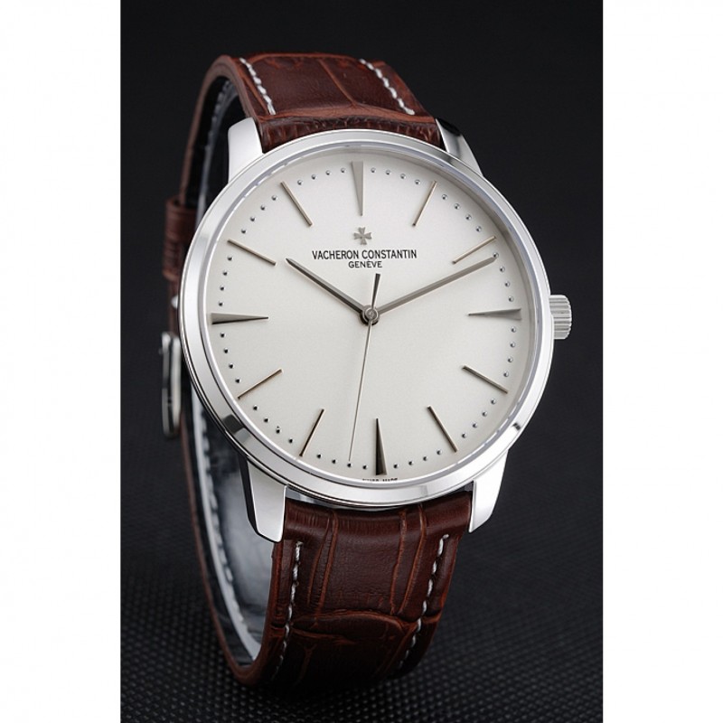 Swiss Vacheron Constantin Patrimony White Dial Silver Case Brown Leather Bracelet 1454158-2