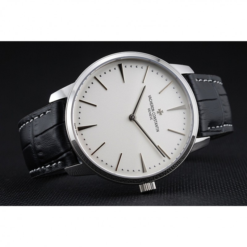 Swiss Vacheron Constantin Patrimony White Dial Silver Case Black Leather Bracelet 1454157-4