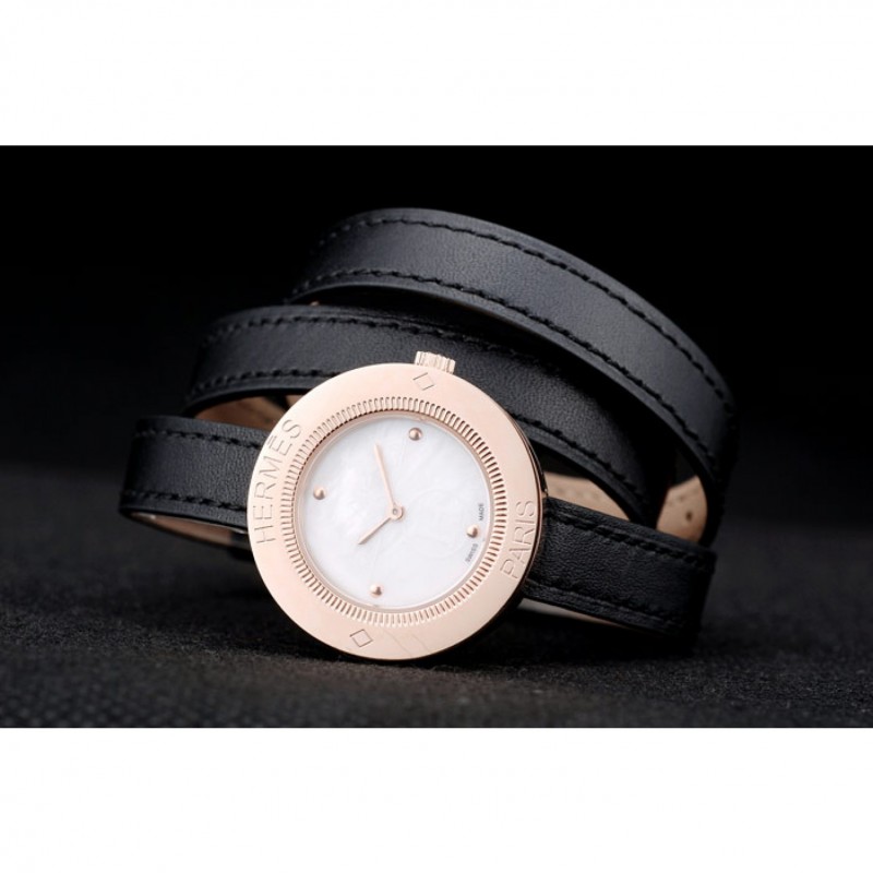 Hermes Classic MOP Dial Black Elongated Leather Strap-4
