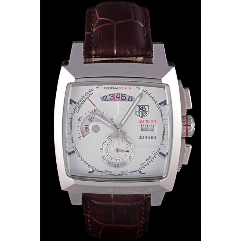 Tag Heuer Monaco Brushed Stainless Steel Case White Dial Brown Leather Strap 98173-1
