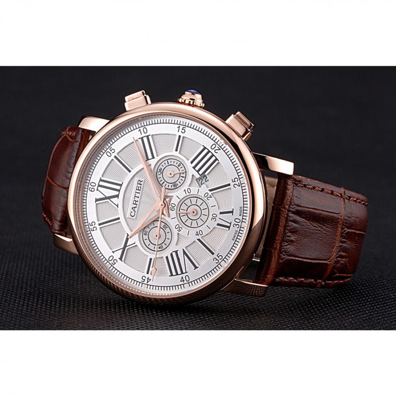 Cartier Rotonde Chronograph White Dial Rose Gold Case Brown Leather Strap-4