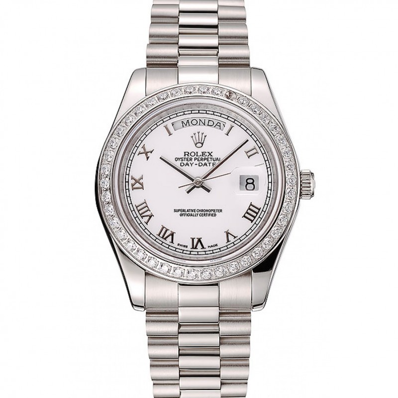 Cheap Swiss Rolex Day-Date White Dial Diamond Case Stainless Steel Bracelet 1453967-0