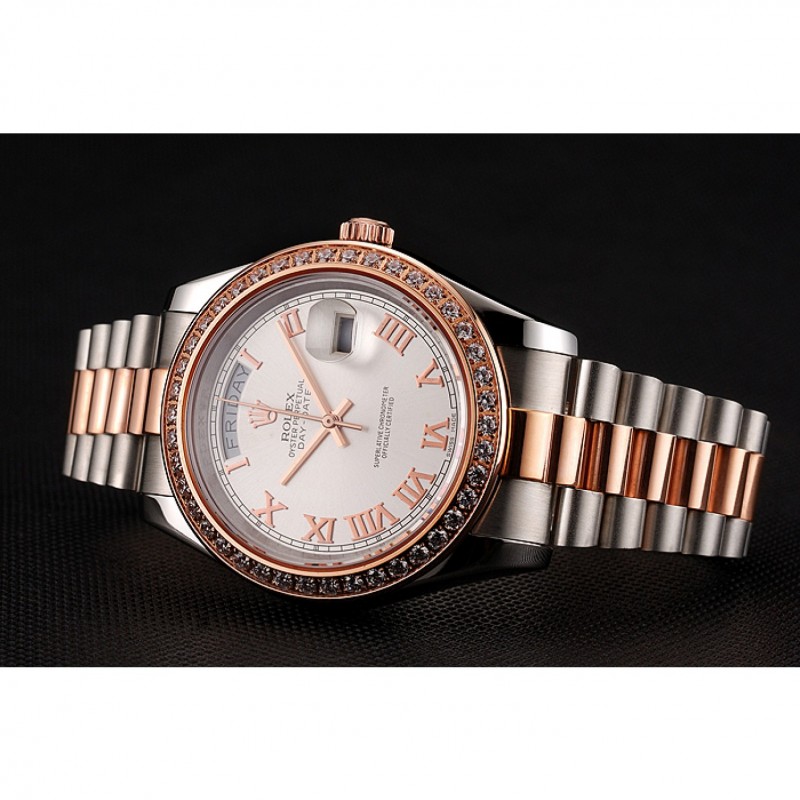 Swiss Rolex Day-Date Diamonds Bezel White Dial Rose Gold And Staineless Steel Bracelet 1454108-3