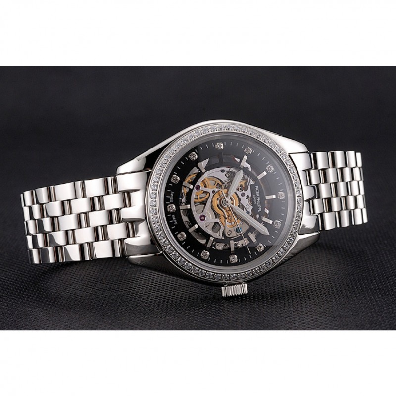 Swiss Patek Philippe Calatrava Black Openworked Dial Diamond Bezel Stainless Steel Case And Bracelet-4