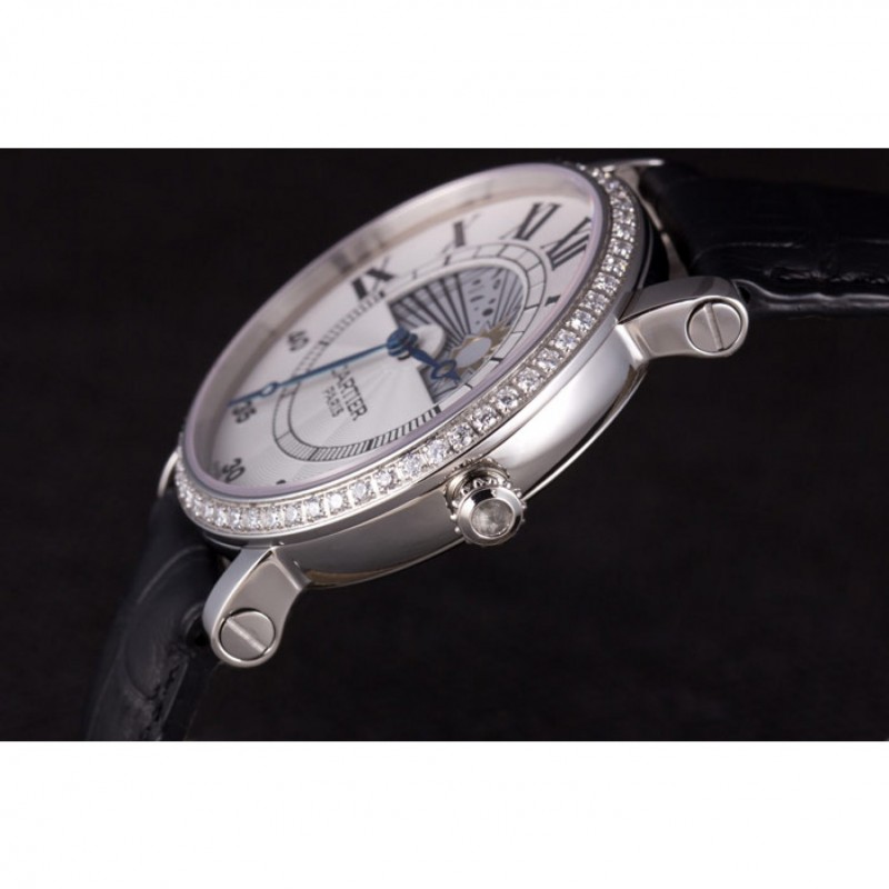 Luxury Replica Watches Cartier Moonphase Silver Watch with Black Leather Band ct255 621374-5