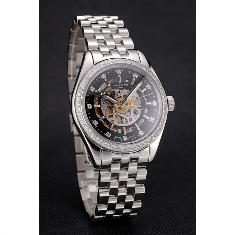 Swiss Patek Philippe Calatrava Black Openworked Dial Diamond Bezel Stainless Steel Case And Bracelet-2