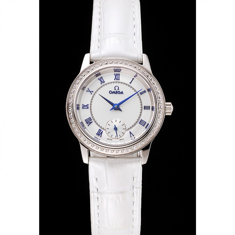 Omega De Ville Prestige Small Seconds White Dial Diamond Bezel Stainless Steel Case White Leather Strap-1