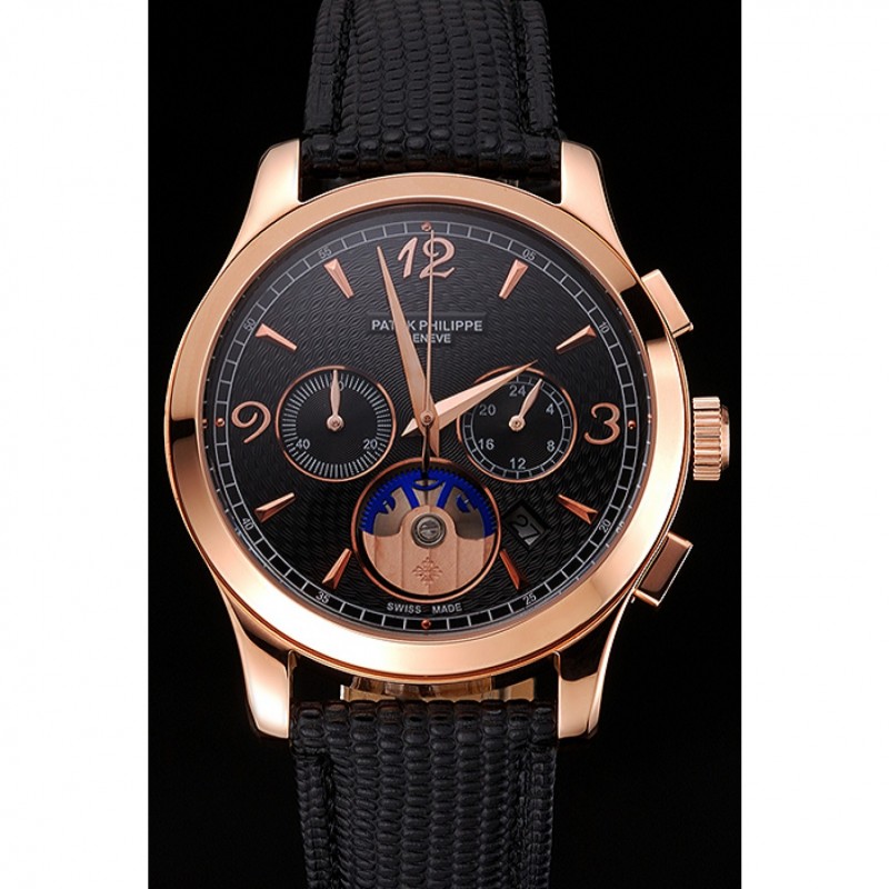 Patek Philippe Chronograph Black Guilloche Dial Rose Gold Case Black Leather Strap-1