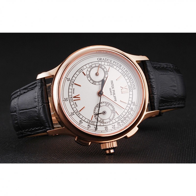 High End Replica Watches Swiss Patek Philippe 5170J Chronograph White Dial Rose Gold Case Black Leather Strap-4