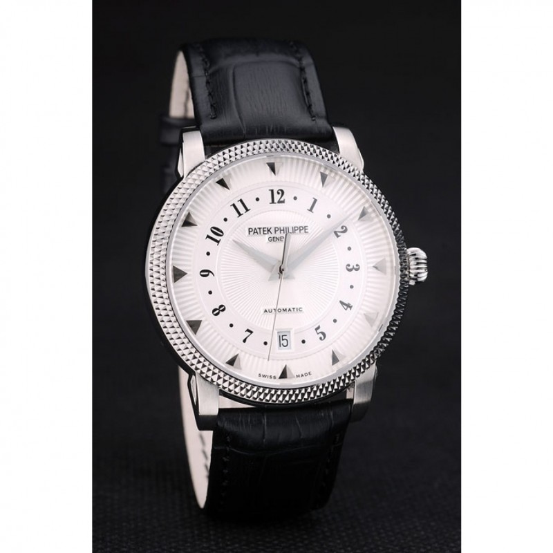 Patek Philippe Swiss Calatrava Ribbed Bezel White Dial Black Leather Strap 7657-2