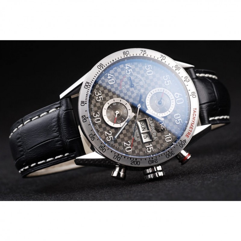 SS Replica Watches Tag Heuer Swiss Carrera Tachymeter Bezel Black Leather Strap Checkered Brown Dial-3