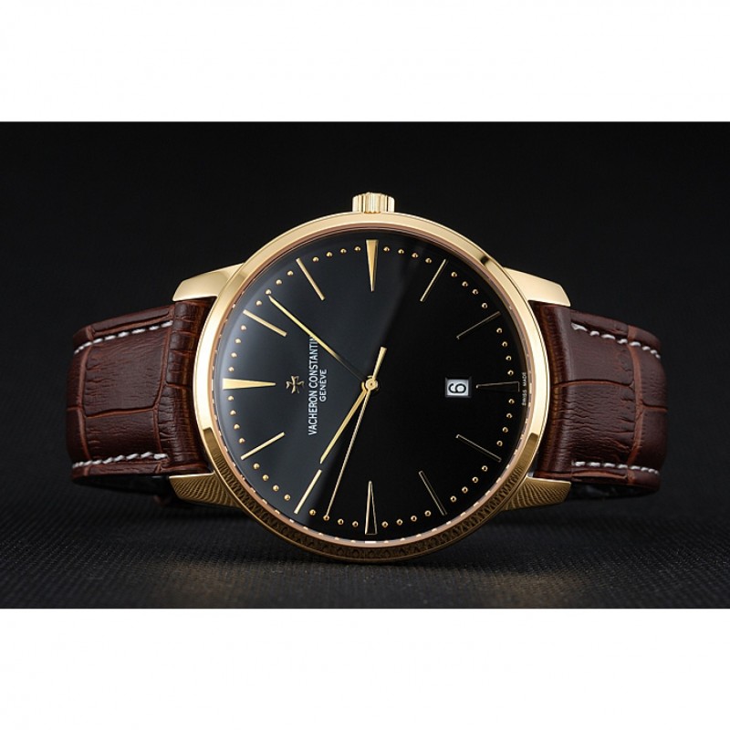 SS Replica Watches Swiss Vacheron Constantin Patrimony Black Dial Gold Case Brown Leather Bracelet 1454179-3