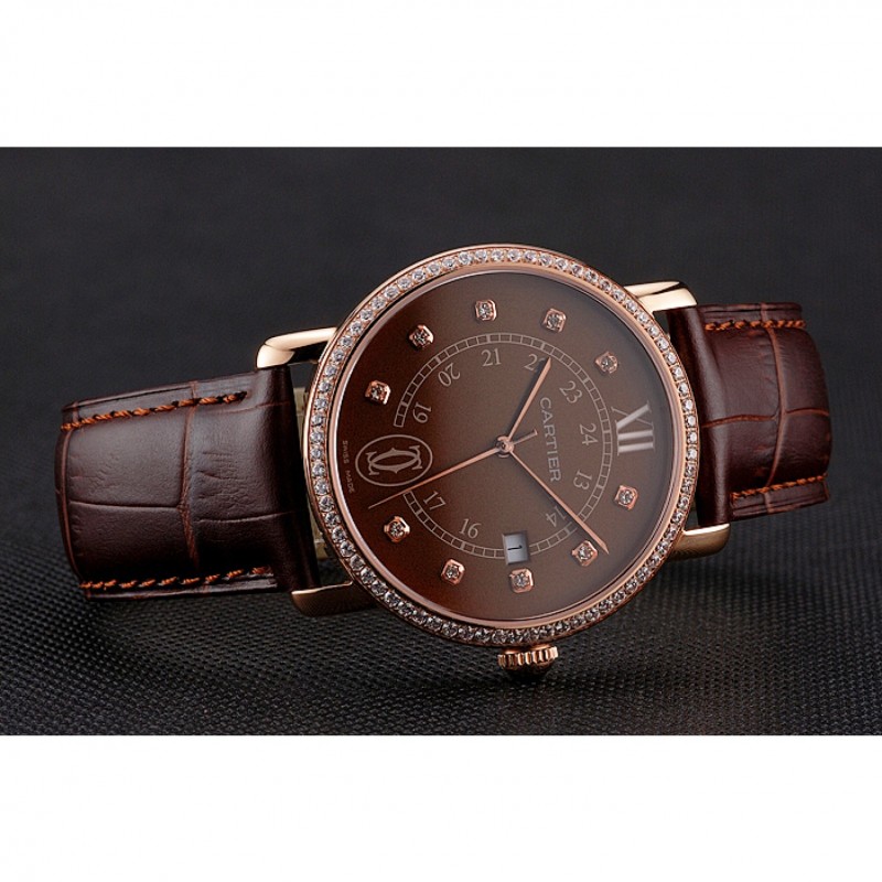 AAA Replica Watches Cartier Ronde Solo Brown Dial Diamond Hour Marks And Bezel Rose Gold Case Brown Leather Strap-4