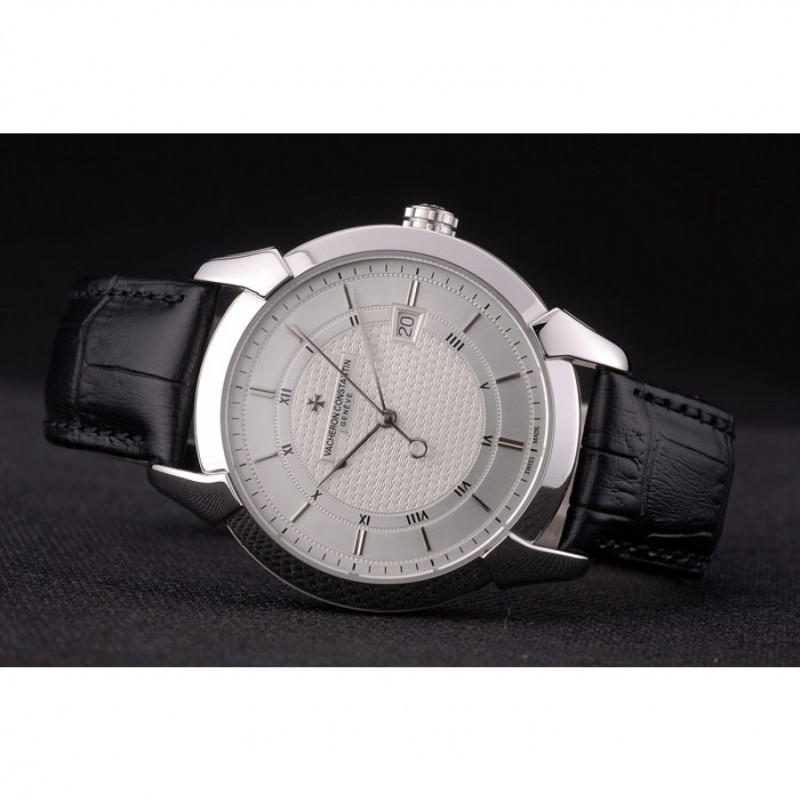Swiss Vacheron Constantin Traditionnelle White Dial Roman Numerals Black Leather Bracelet-4