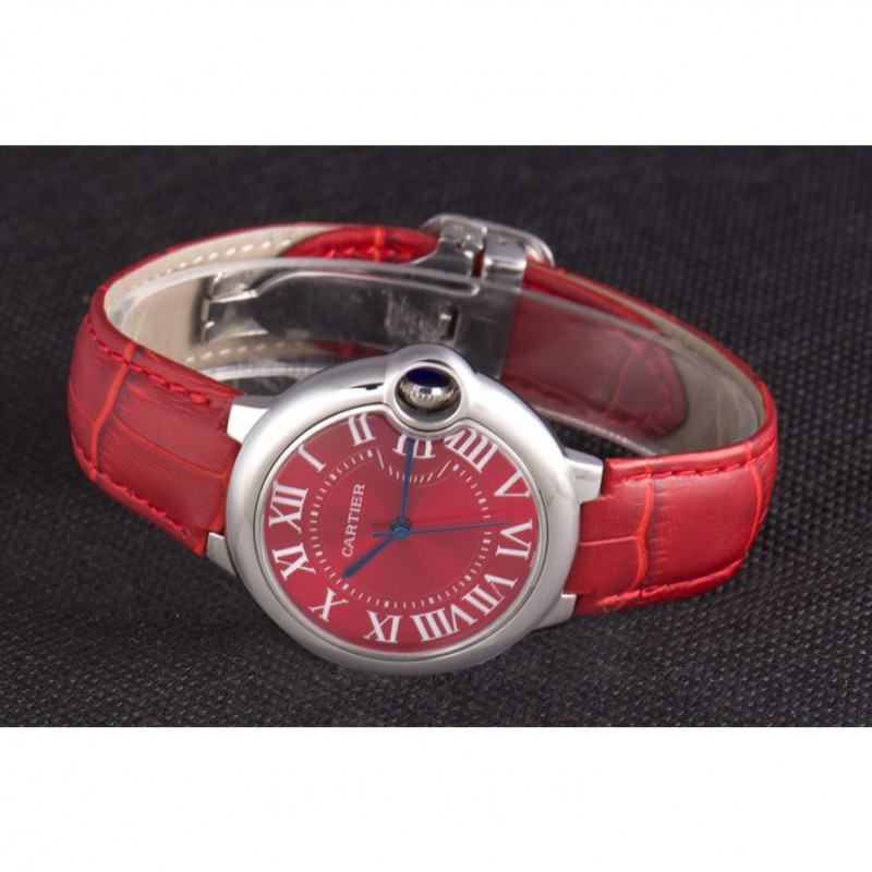 Luxury Replica Watches Cartier Ballon Bleu Silver Bezel with Red Dial and Red Leather Band 621556-4