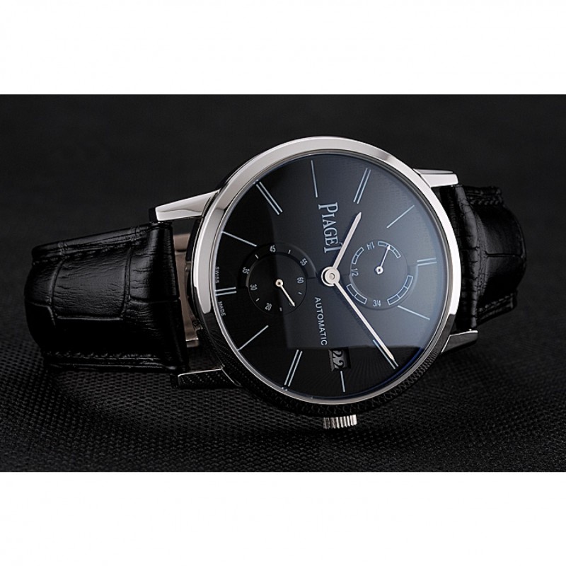 Cheap Piaget Altiplano Date Black Dial Stainless Steel Case Black Leather Strap-4