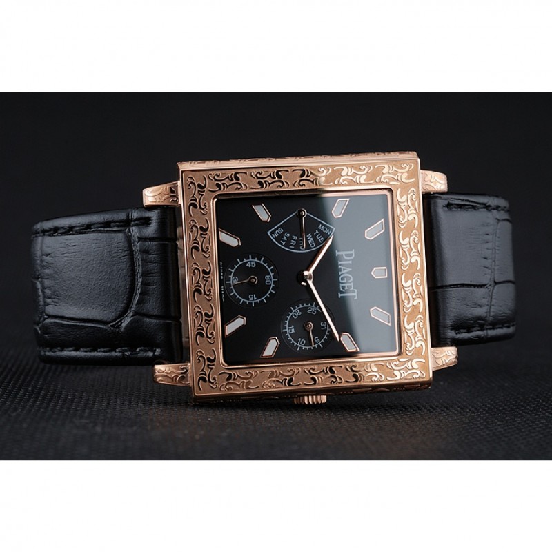 Piaget Emperador Limited Edition Black Dial Engraved Gold Case Black Leather Bracelet 1454137-4