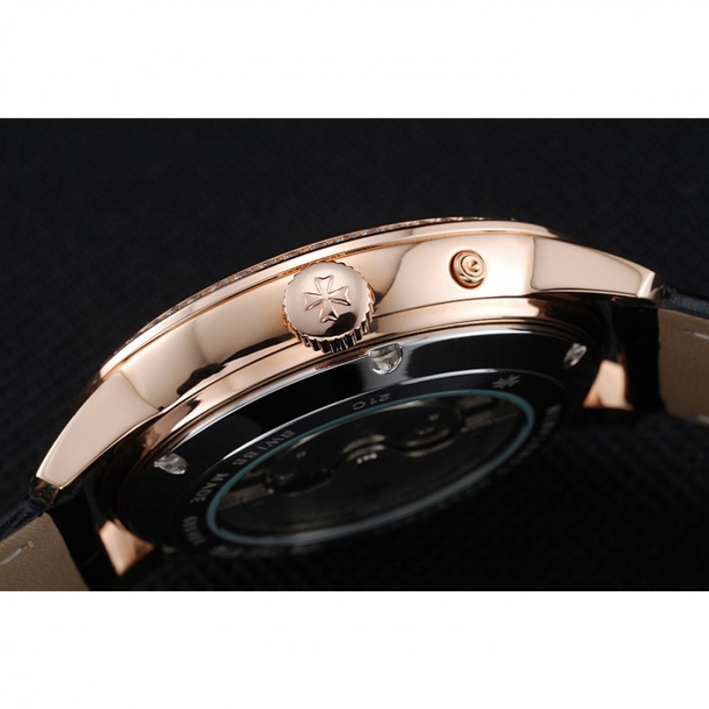 Vacheron Constantin Patrimony Power Reserve Black Dial Gold Diamond Case Black Leather Bracelet 1454269-5