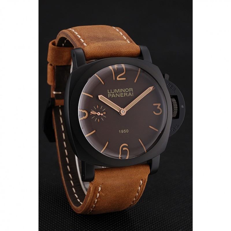 High Quality Replica Watches Swiss Panerai Luminor 1950 Brown Dial Black PVD Case Brown Suede Leather Strap 1453848-2