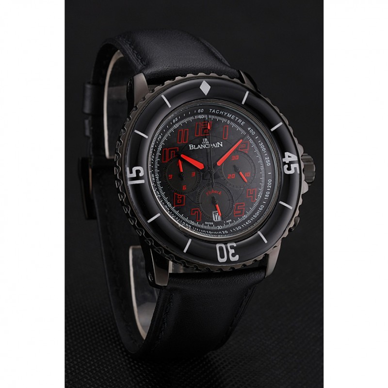 Blancpain Fifty Fathoms Speed Command Carbon Fiber Dial With Red Markings Black PVD Case Black Leather Strap 1453775-2