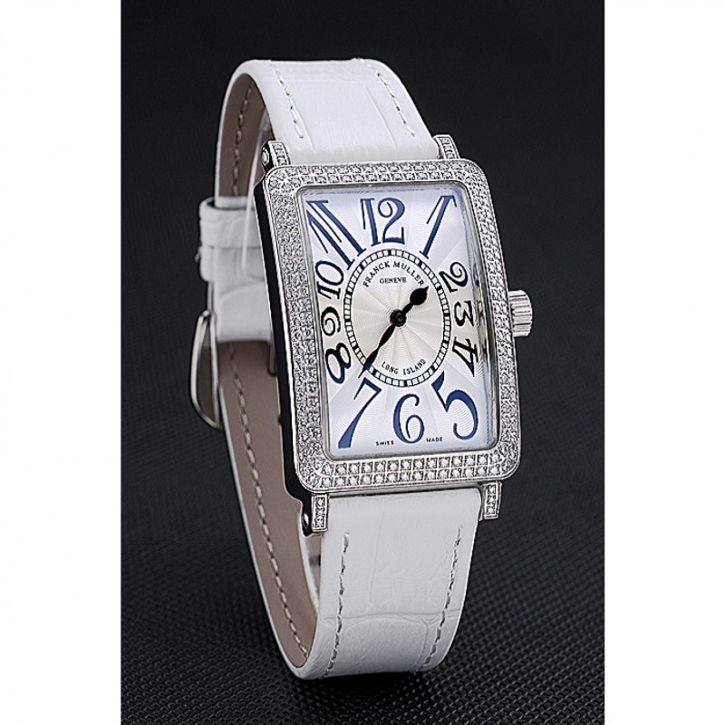 Franck Muller Long Island Classic White Dial Diamonds Case White Leather Band 622368-1