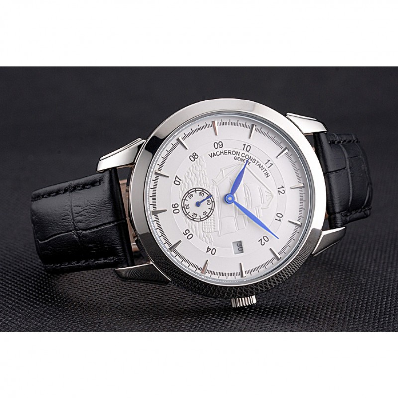 Vacheron Constantin Traditionnelle White Ship Dial Stainless Steel Case Black Leather Strap-4