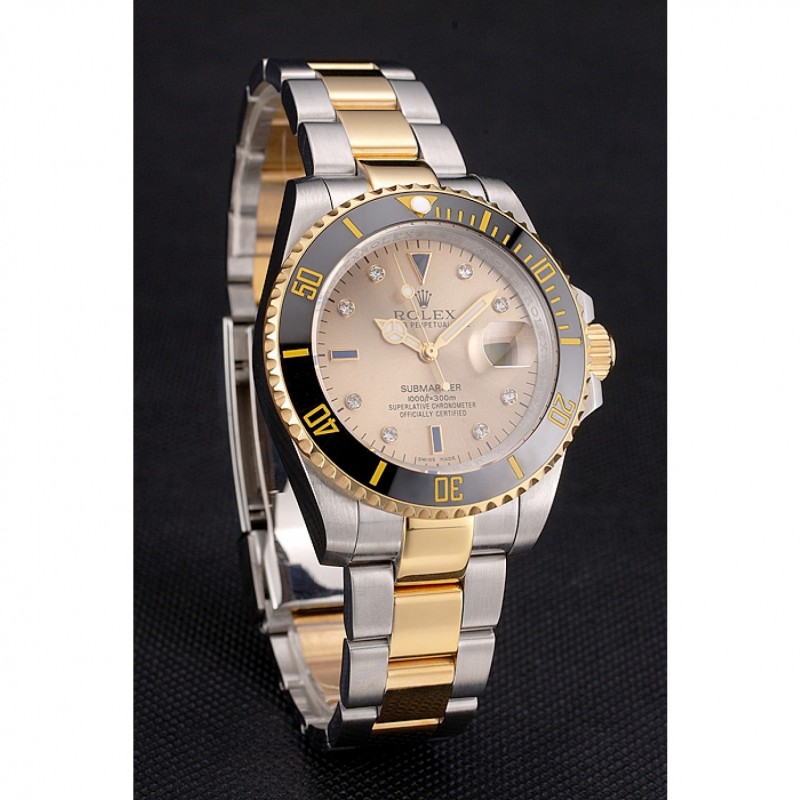 Swiss Rolex Submariner Gold Dial Diamond Markings Black Bezel Two Tone Steel Gold Bracelet-2