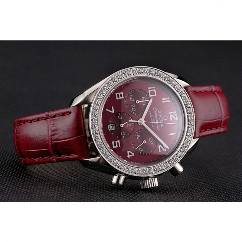 SS Replica Watches Omega Speedmaster Burgundy Dial Stainless Steel Case Diamond Bezel Burgundy Leather Strap-4