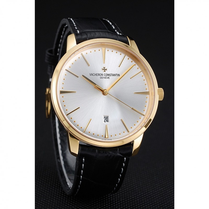 Swiss Vacheron Constantin Patrimony White Dial Gold Case Black Leather Bracelet 1454177-2