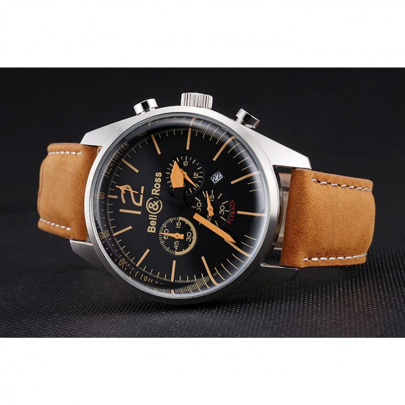Bell and Ross BR126 Flyback Black Dial Silver Case Gold Numerals Brown Suede Leather Strap-3