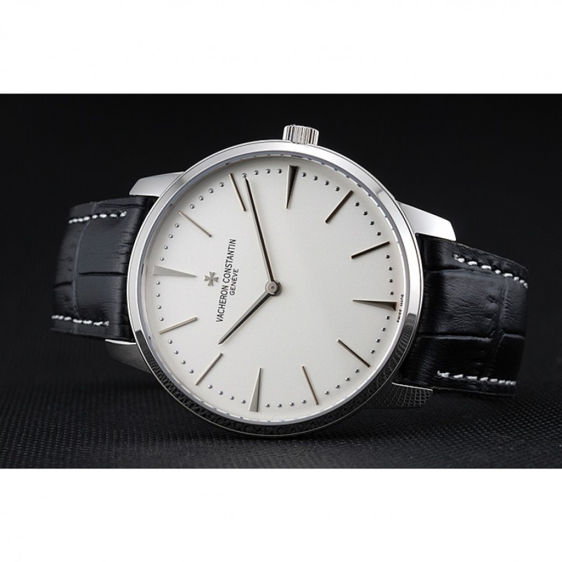Swiss Vacheron Constantin Patrimony White Dial Silver Case Black Leather Bracelet 1454157-3