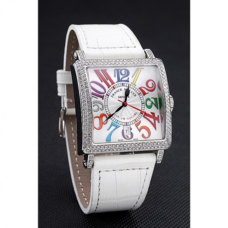 Franck Muller Master Square Color Dreams Diamonds Case White Leather Band 622356-1