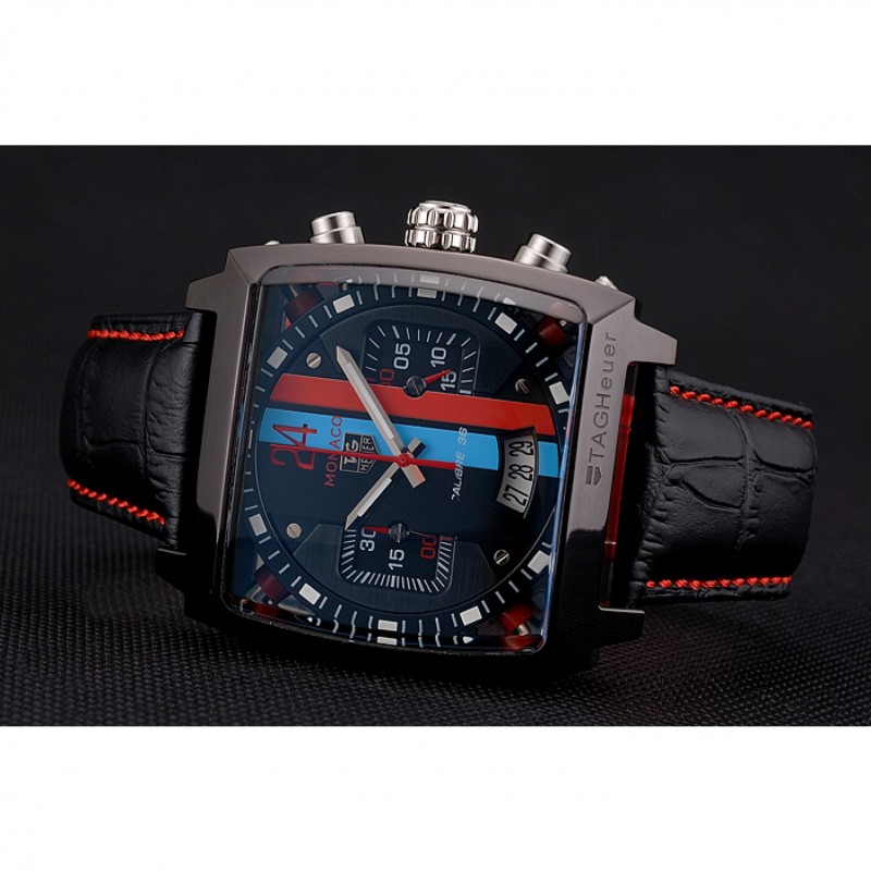 SS Replica Watches Tag Heuer Monaco Calibre 36 Blue And Red Dial Stripes Dial Black Leather Strap 622272-4
