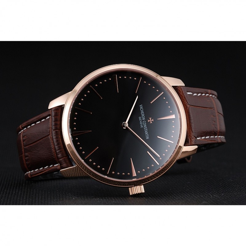 High Quality Swiss Vacheron Constantin Patrimony Grand Taille Black Dial Rose Gold Case Brown Leather Bracelet 1454169-4