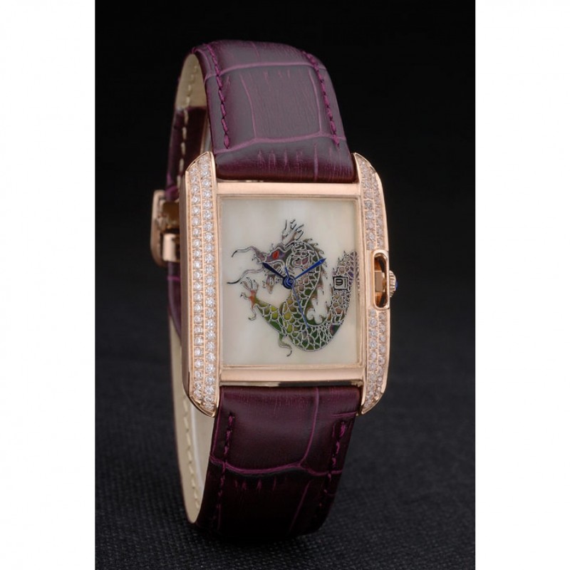 Cartier Tank Anglaise White Dragon Dial Diamonds Gold Case Purple Leather Bracelet-2