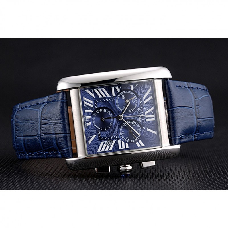 Cheap Replica Watches Cartier Tank MC Blue Dial Stainless Steel Case Blue Leather Bracelet 622691-3