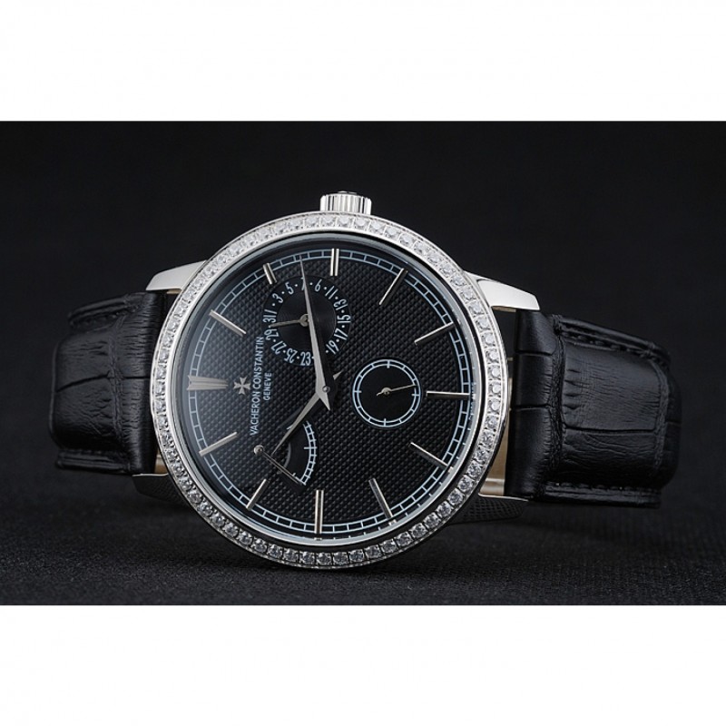 Vacheron Constantin Patrimony Power Reserve Black Dial Silver Diamond Case Black Leather Bracelet 1454267-3