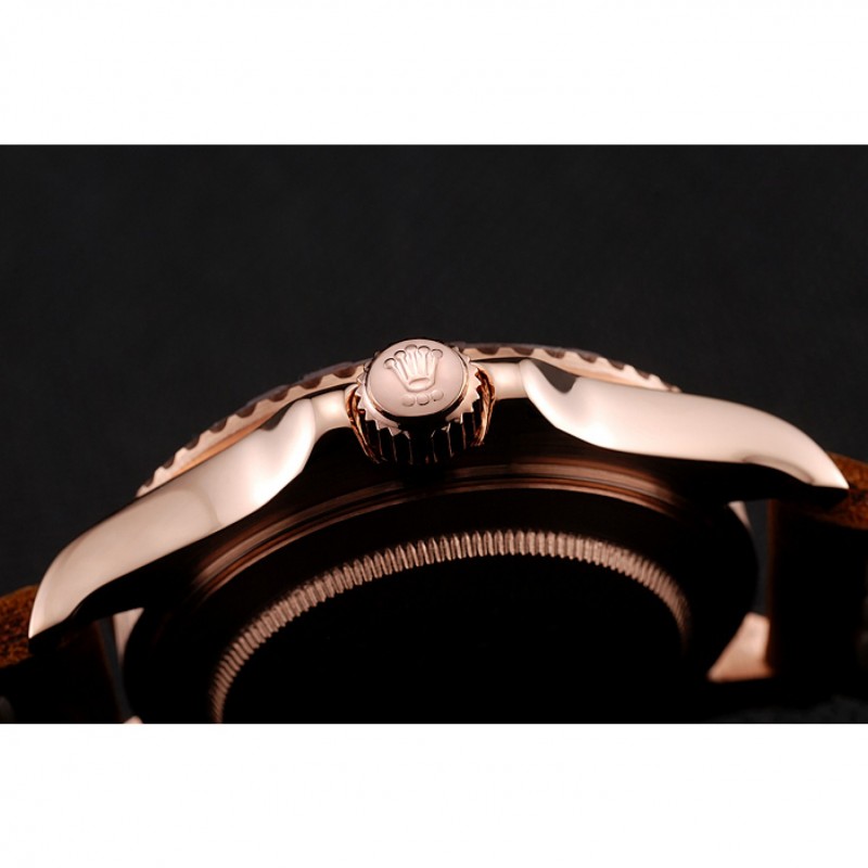 Luxury Replica Watches Rolex Yacht Master Black Dial Rose Gold Case Brown Leather Bracelet 1453861-7