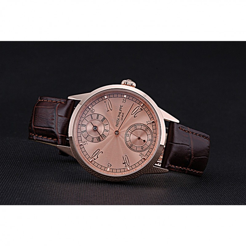 Patek Philippe Geneve Two Dial Rose Dial Rose Gold Bezel Brown Leather Band 622149-4