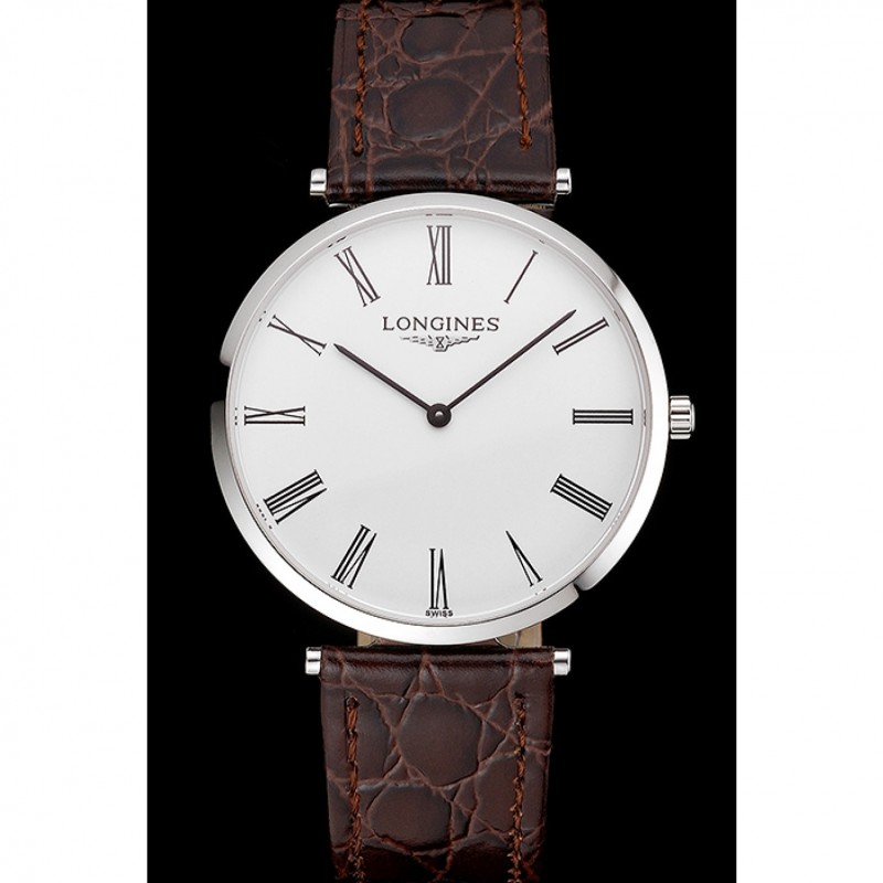 Swiss Longines Grande Classique White Dial Roman Numerals Stainless Steel Case Brown Leather Strap-1